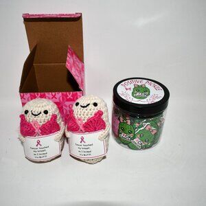Weysat Breast Cancer Survivor Gift Set Pickle Jar Cards & 2 Crochet Dolls NWT